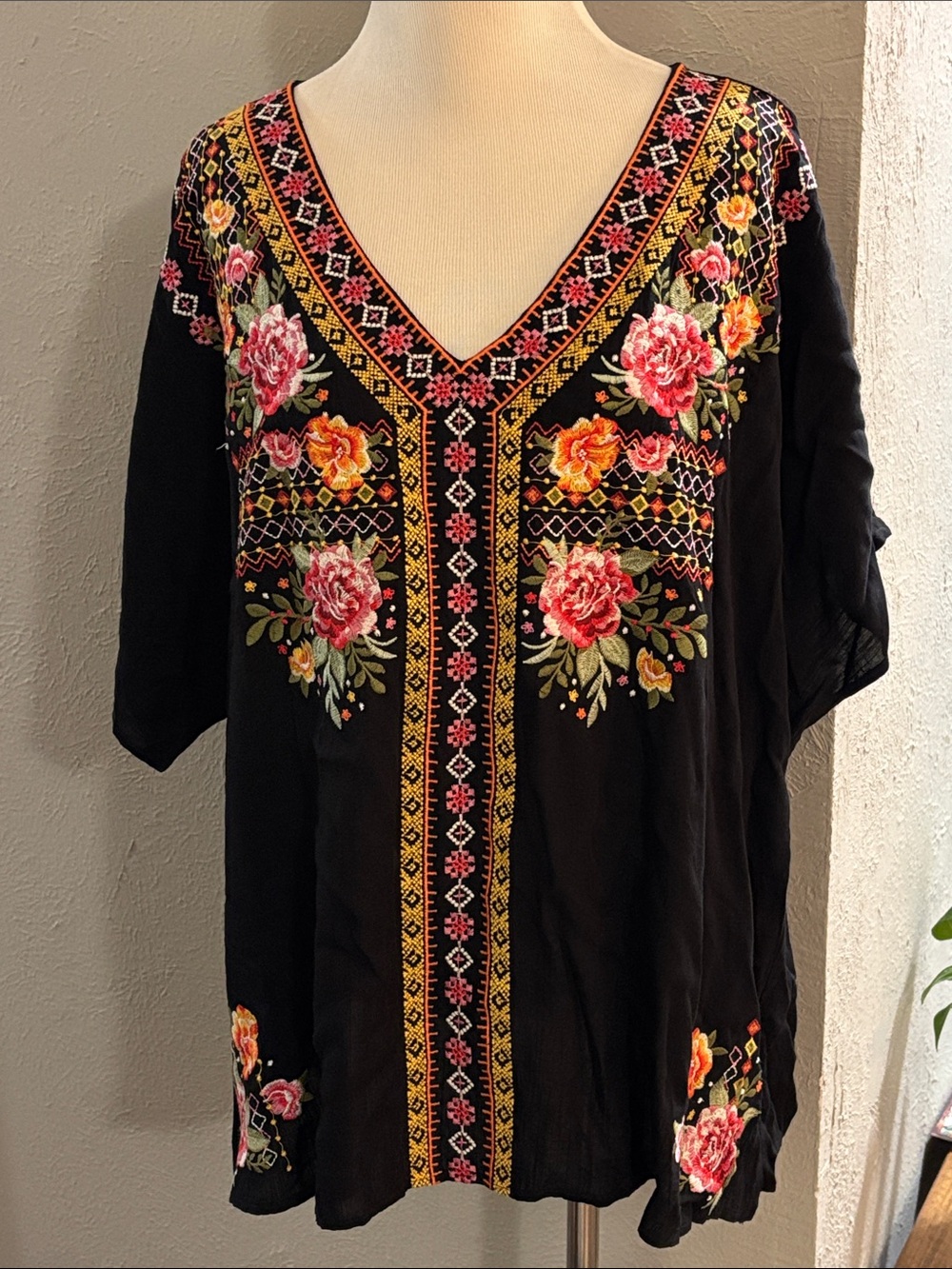 Savanna Jane Black V-Neck Tunic with Pink & Yellow Floral Embroidery